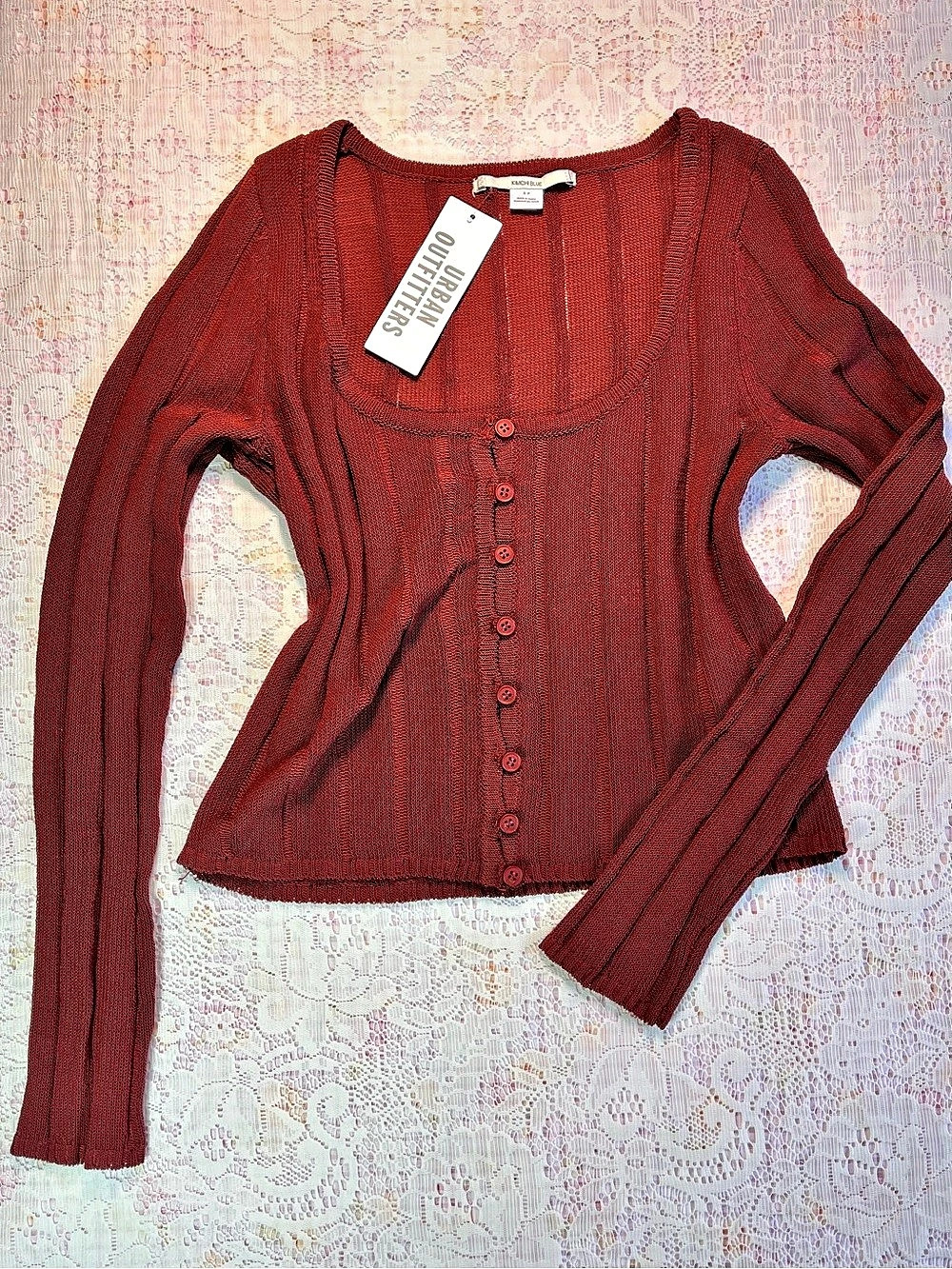 Kimchi Blue Button-Front Ribbed Cardigan Red Small NWT - Picture 2 of 7